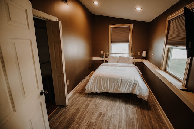 bedroom featuring dark hardwood / wood-style floors and vaulted ceiling