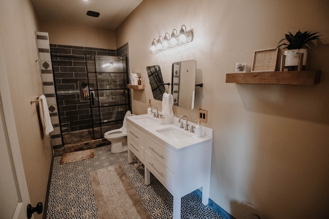 bathroom with tile patterned floors, vanity, toilet, and a shower with door