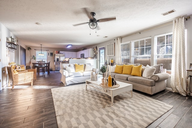 living room with wood-type flooring, a textured ceiling, a wealth of natural light, and ceiling fan