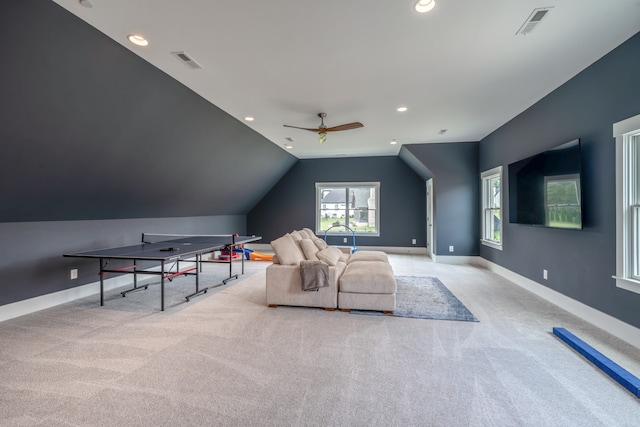 game room with light carpet, vaulted ceiling, and ceiling fan