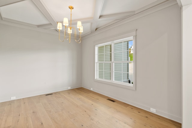 empty room with beam ceiling, wood-type flooring, coffered ceiling, and a notable chandelier