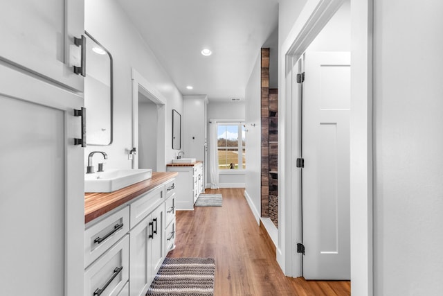 bathroom featuring hardwood / wood-style flooring and vanity