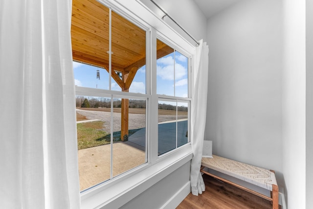 doorway featuring hardwood / wood-style flooring, wooden ceiling, and a wealth of natural light