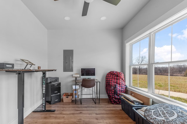 home office featuring hardwood / wood-style flooring, electric panel, ceiling fan, and a healthy amount of sunlight