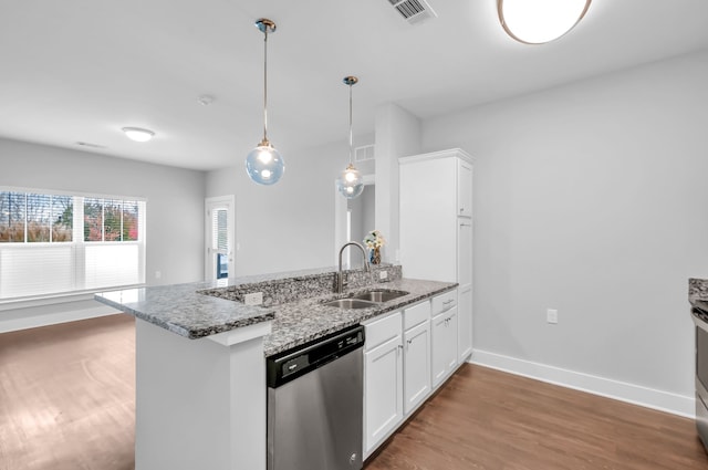 kitchen featuring kitchen peninsula, sink, white cabinets, and stainless steel dishwasher