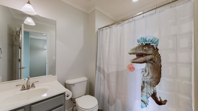 bathroom with a shower with shower curtain, vanity, toilet, and ornamental molding