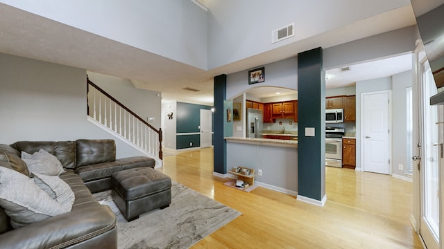 living room featuring a towering ceiling and light hardwood / wood-style flooring