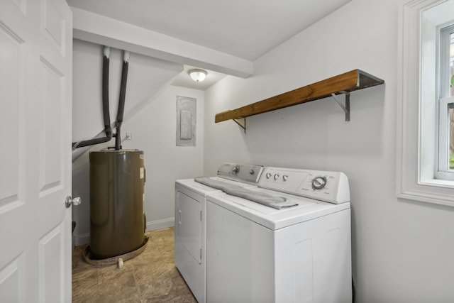 laundry area with electric panel, separate washer and dryer, and water heater