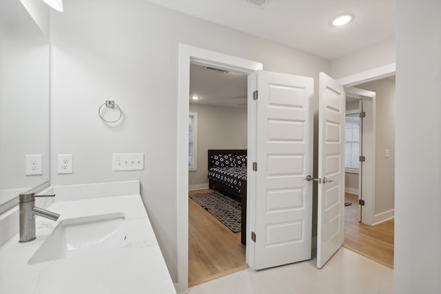 bathroom with wood-type flooring and vanity