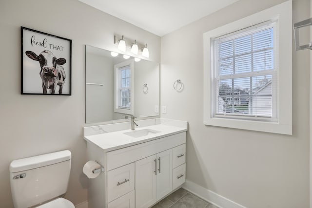 bathroom featuring toilet, vanity, and tile patterned flooring