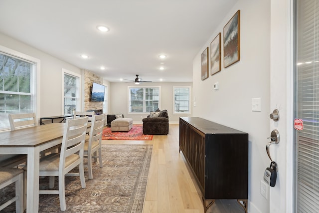 dining room featuring light hardwood / wood-style floors and ceiling fan