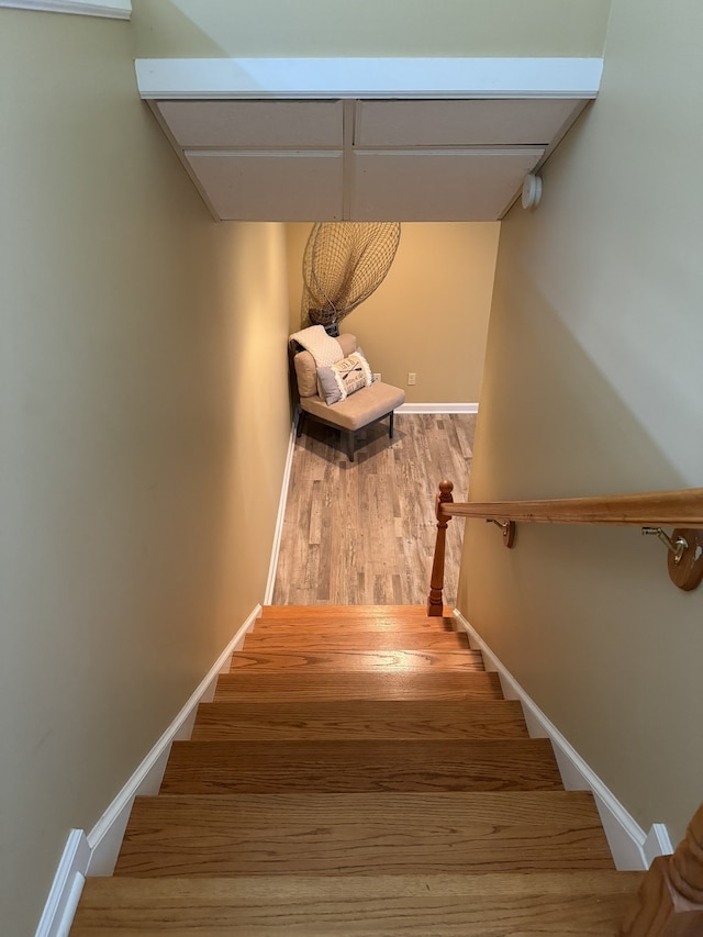 stairway featuring hardwood / wood-style flooring