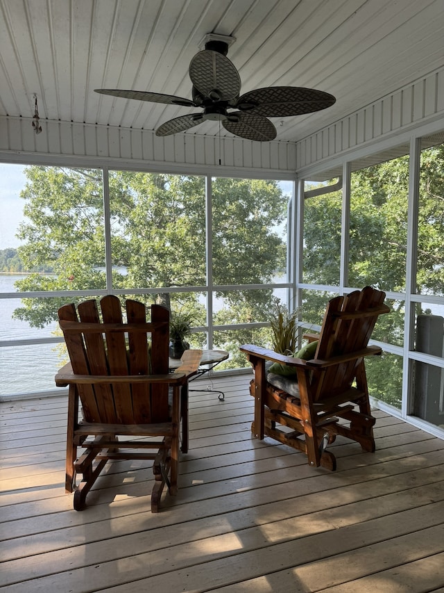 sunroom / solarium with ceiling fan and wooden ceiling