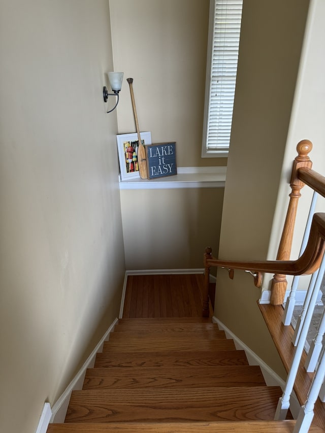 staircase with hardwood / wood-style floors