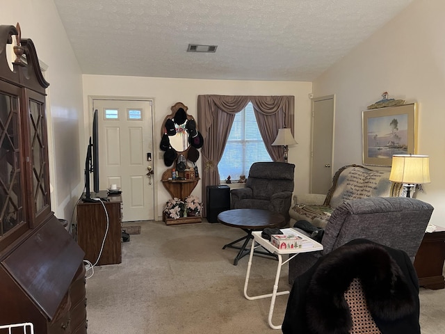 carpeted living room featuring a textured ceiling