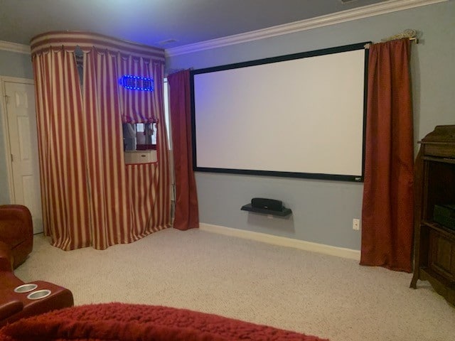 home theater with crown molding and carpet