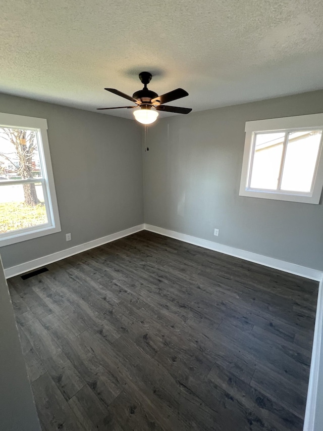 empty room with a textured ceiling, plenty of natural light, and dark hardwood / wood-style floors