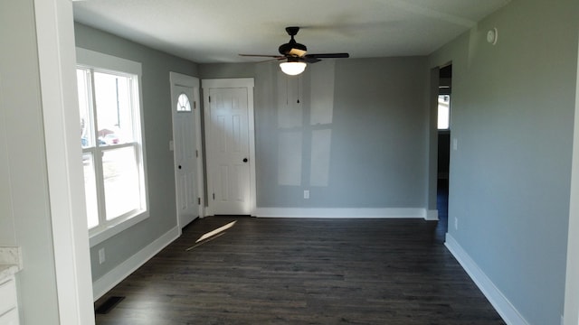 interior space featuring dark hardwood / wood-style floors, plenty of natural light, and ceiling fan