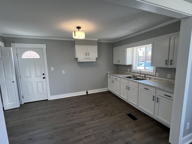 kitchen featuring white cabinets, ornamental molding, dark wood-type flooring, and sink