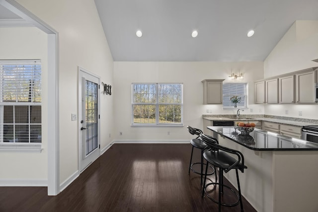 kitchen with gray cabinetry, vaulted ceiling, plenty of natural light, dark hardwood / wood-style flooring, and a breakfast bar area