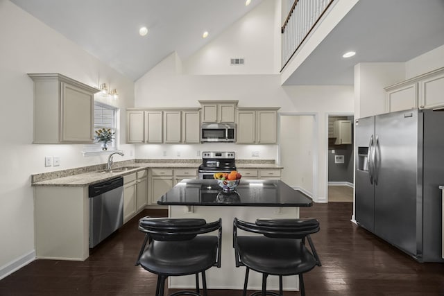 kitchen featuring a center island, dark wood finished floors, visible vents, appliances with stainless steel finishes, and a sink