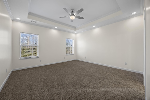 spare room with a tray ceiling, a healthy amount of sunlight, and ornamental molding