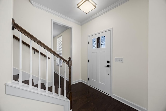 foyer entrance with dark hardwood / wood-style floors, crown molding, and a healthy amount of sunlight