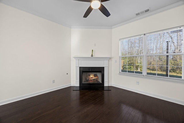 unfurnished living room featuring crown molding, hardwood / wood-style floors, and ceiling fan