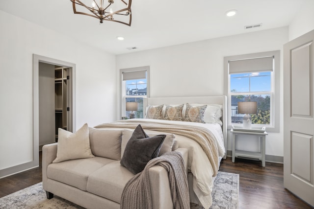 bedroom with a chandelier, a walk in closet, multiple windows, and dark wood-type flooring