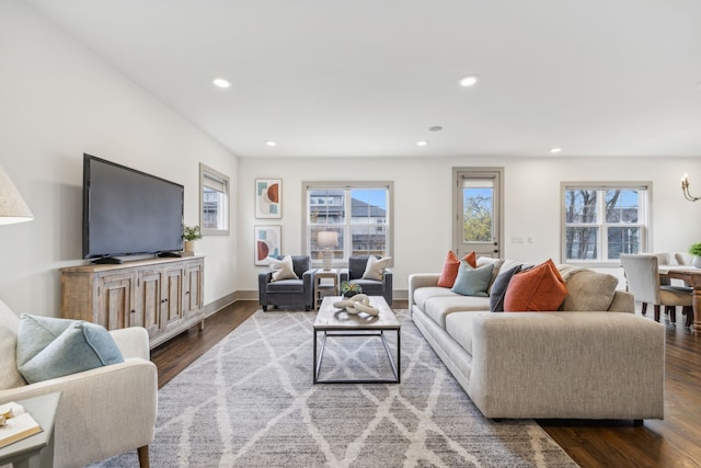 living room with dark hardwood / wood-style floors