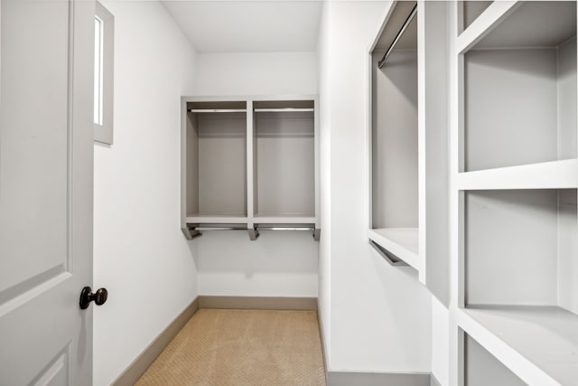 spacious closet featuring light carpet