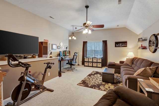 living room featuring ceiling fan with notable chandelier, light colored carpet, lofted ceiling, and a textured ceiling