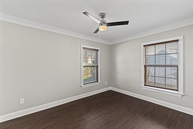 empty room featuring ceiling fan, a healthy amount of sunlight, wood-type flooring, and ornamental molding