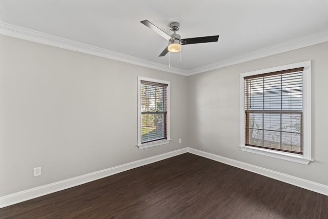 spare room with hardwood / wood-style flooring, plenty of natural light, crown molding, and ceiling fan