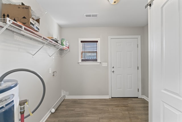 washroom with dark hardwood / wood-style flooring