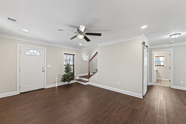 foyer entrance with dark hardwood / wood-style floors, a healthy amount of sunlight, and ceiling fan