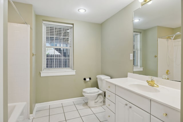 full bathroom with tile patterned flooring, vanity, tub / shower combination, and toilet