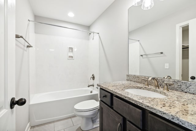 full bathroom featuring bathtub / shower combination, tile patterned floors, vanity, and toilet