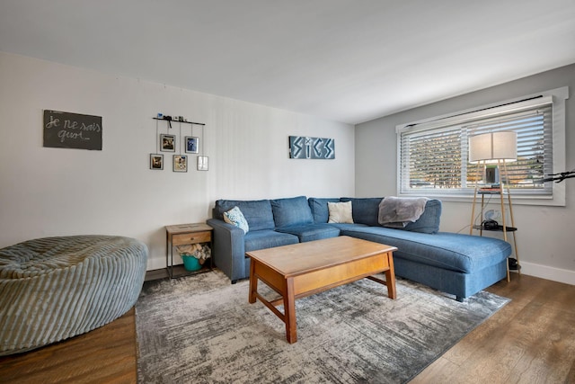 living room featuring dark wood-type flooring