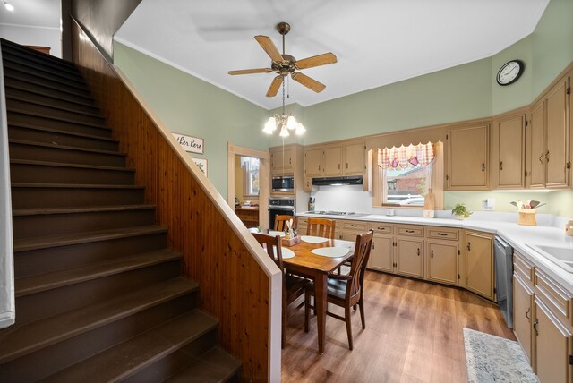 428 N Main St, Trenton, KY 42286 - kitchen featuring sink, light hardwood / wood-style floors, ceiling fan with notable chandelier, and appliances with stainless steel finishes