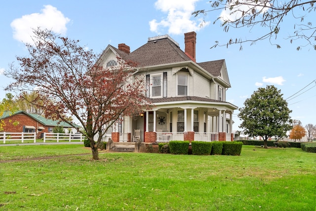 victorian house with a porch and a front yard