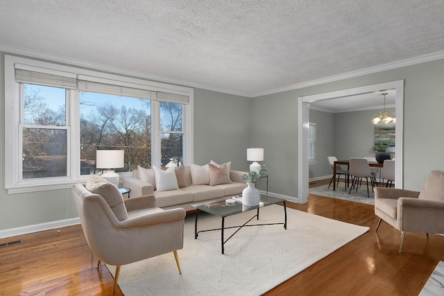 1206 Peter Pan Rd, Lookout Mountain, GA 30750 - living area featuring wood finished floors, baseboards, ornamental molding, a textured ceiling, and a chandelier