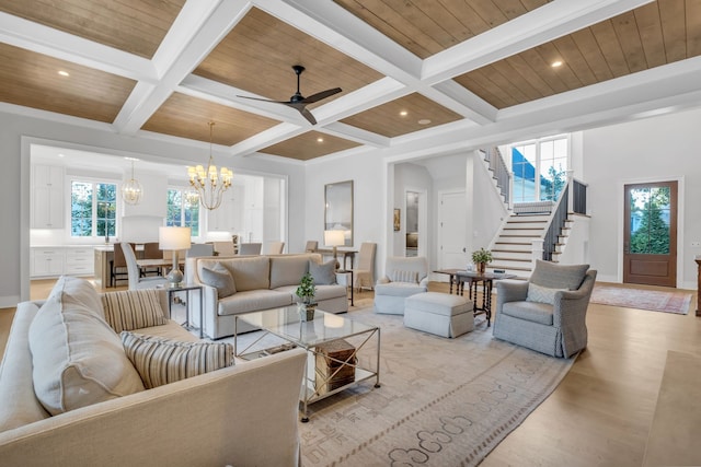 living room with beam ceiling, wooden ceiling, and coffered ceiling