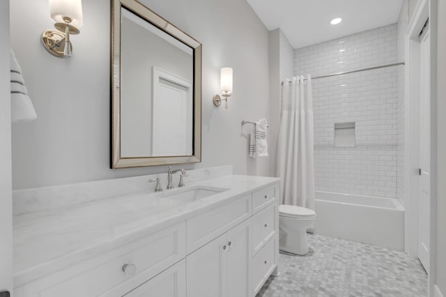 full bathroom with tile patterned flooring, vanity, toilet, and shower / bathtub combination with curtain