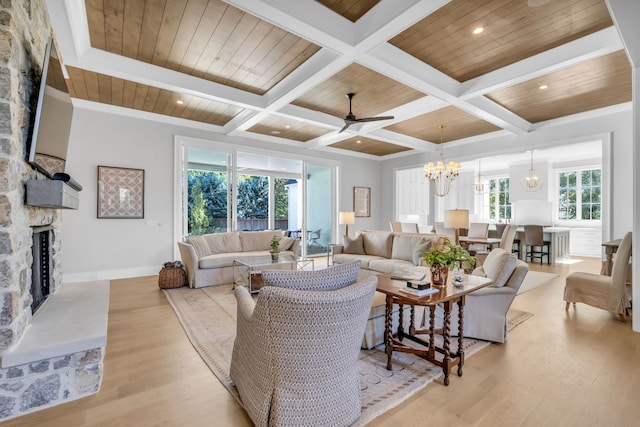 living room with a fireplace, light wood-type flooring, and wood ceiling