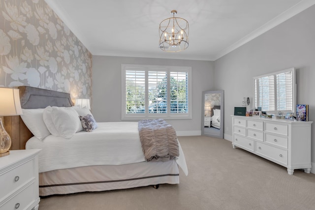 carpeted bedroom featuring multiple windows, a notable chandelier, and ornamental molding