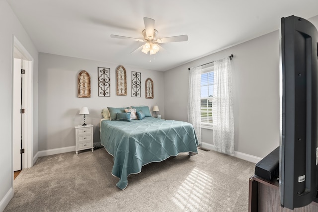 bedroom with ceiling fan and carpet floors