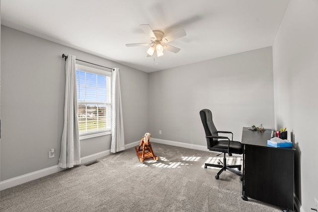 office area featuring carpet and ceiling fan