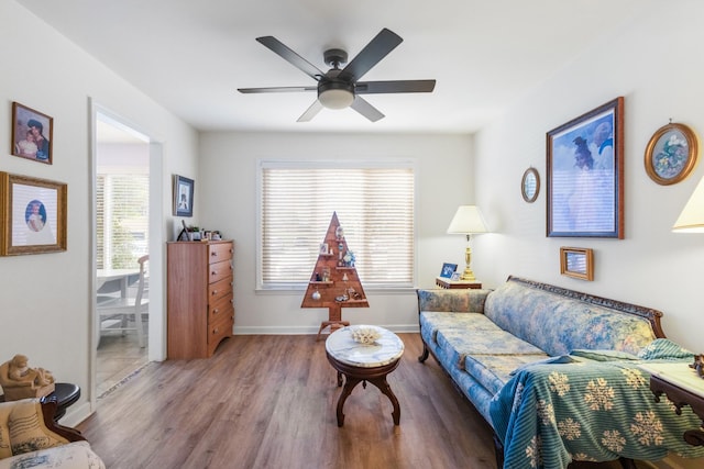 living room featuring wood-type flooring and ceiling fan