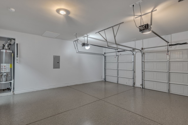 garage with electric panel, water heater, and a garage door opener